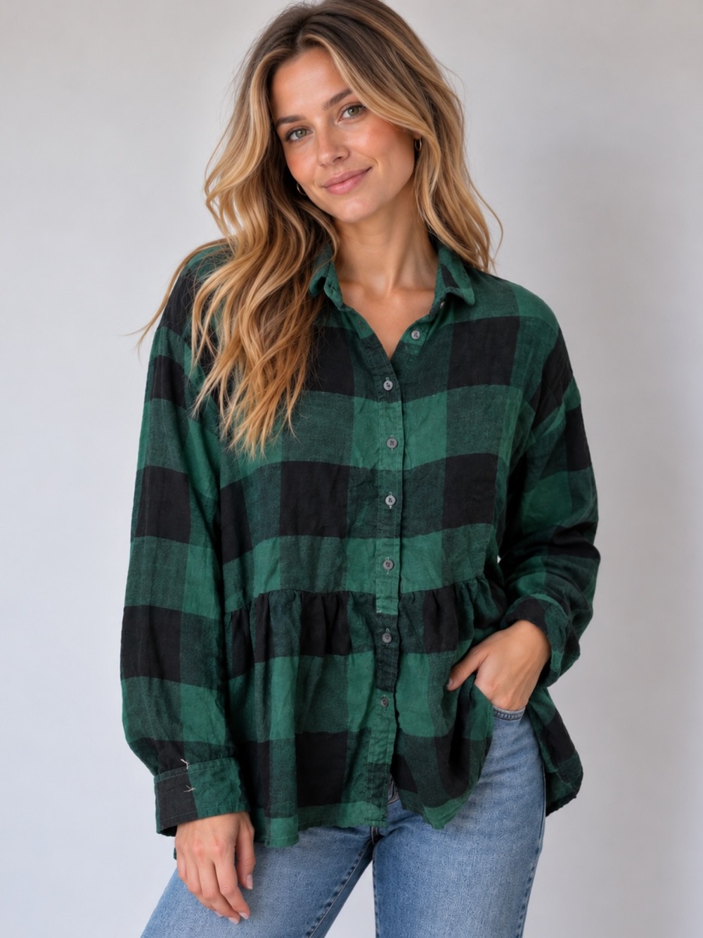 American Eagle Green Black Plaid Flannel Top XS Oversized Fall Grunge Y2K